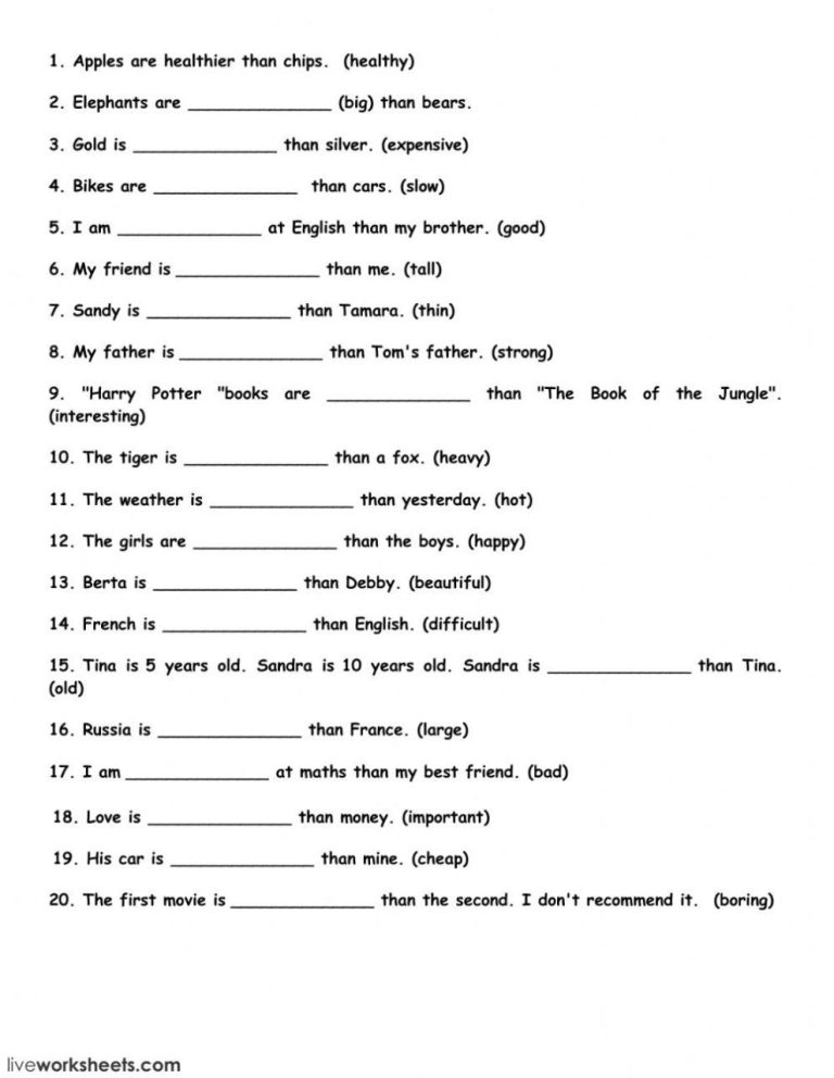 Adjectives Of Comparison Worksheet For Grade 5