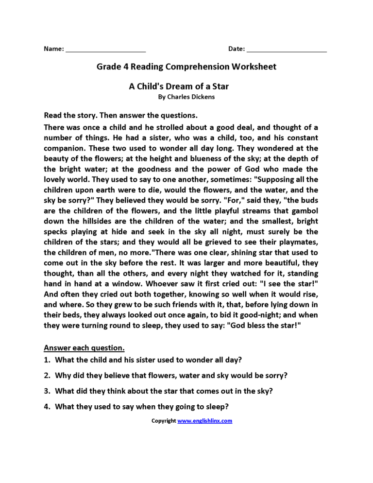 Printable Fourth Grade 4th Grade Comprehension Worksheets For Grade 4