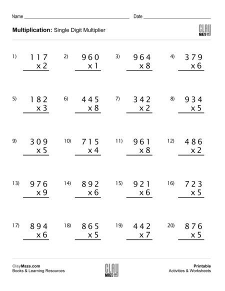 3 Digit By 1 Digit Multiplication Worksheets Pdf With Answers