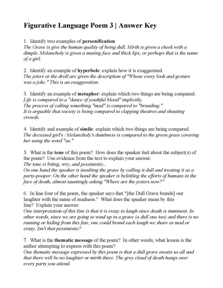 Poetic Devices Worksheet 3 Answers