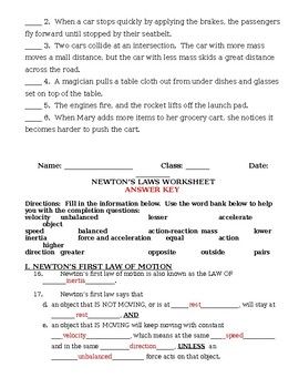 Forces And Newton's First Law Of Motion Worksheet Answers
