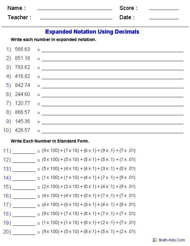 Third Grade Expanded Notation Worksheets Grade 3