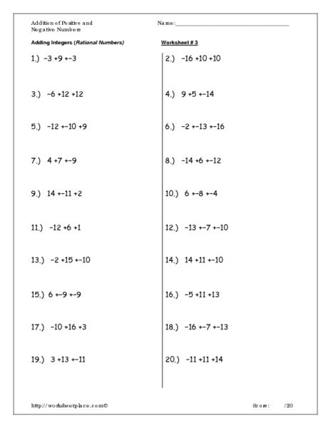 Adding Rational Numbers Worksheet 7th Grade Pdf