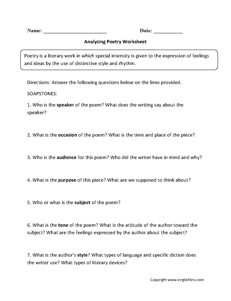 Poetic Devices Worksheet 4 Answers
