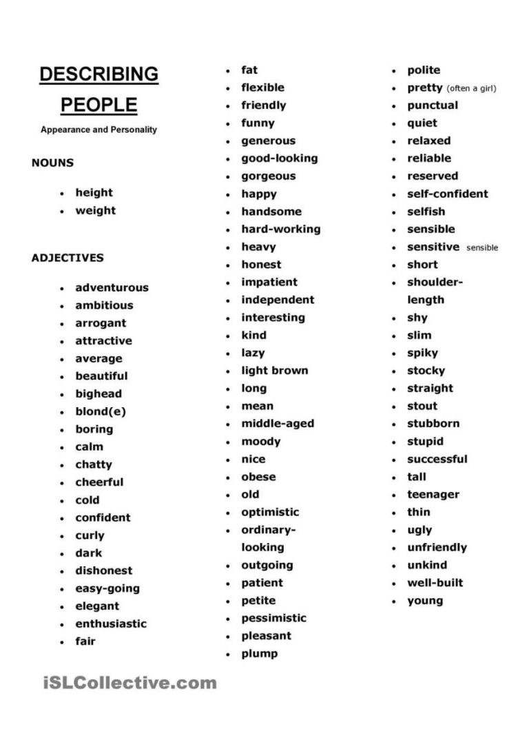 Adjectives To Describe People's Personality Worksheets