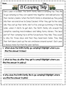 Reading Comprehension 5 W's Worksheet With Story
