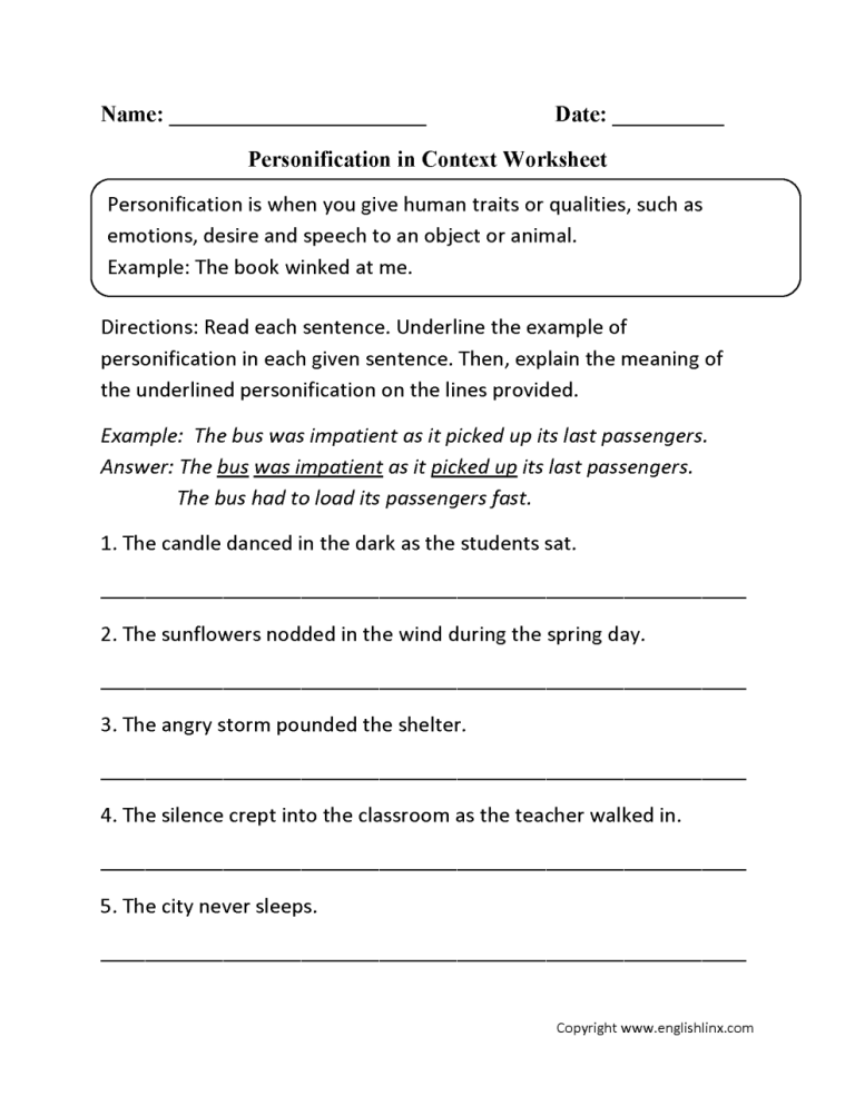 Figurative Language Worksheet 3 Answers Key