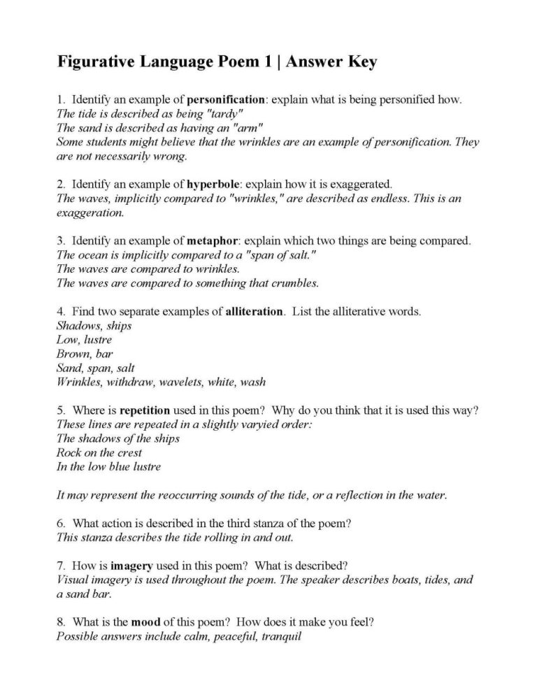 Answer Key Poetic Devices Worksheet 1 Answers