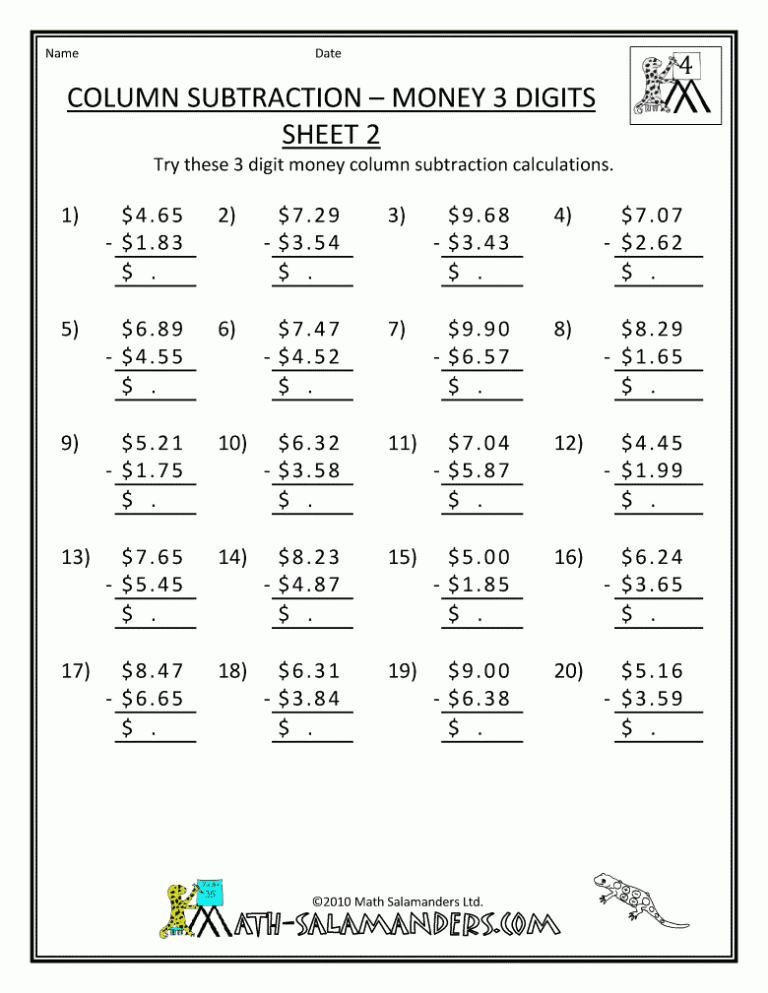 4th Grade Printable Addition And Subtraction Worksheets