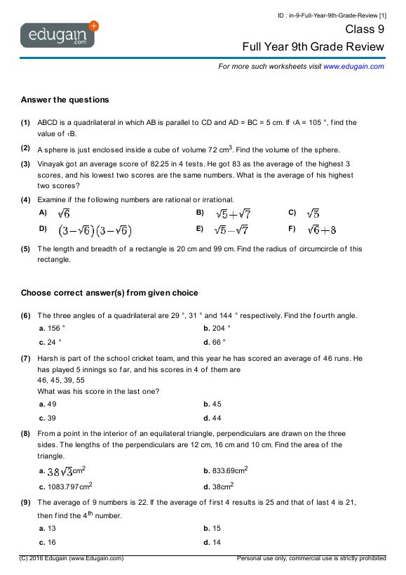 Grade 9 Math Geometry Worksheets With Answers Pdf