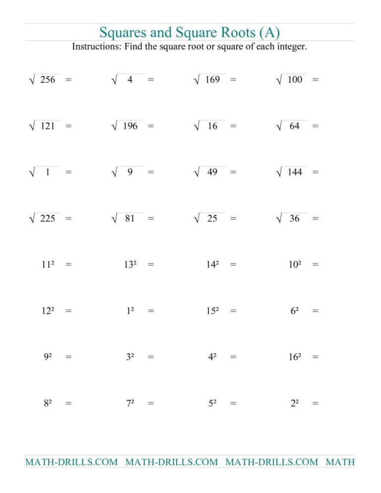 Printable Squares And Square Roots Worksheets For Class 8 Pdf