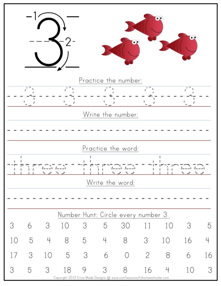 Tracing Number 3 Worksheets For Kindergarten