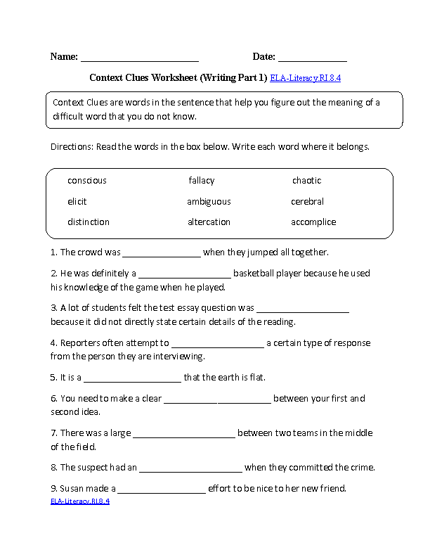 8th Grade Year 8 English Worksheets