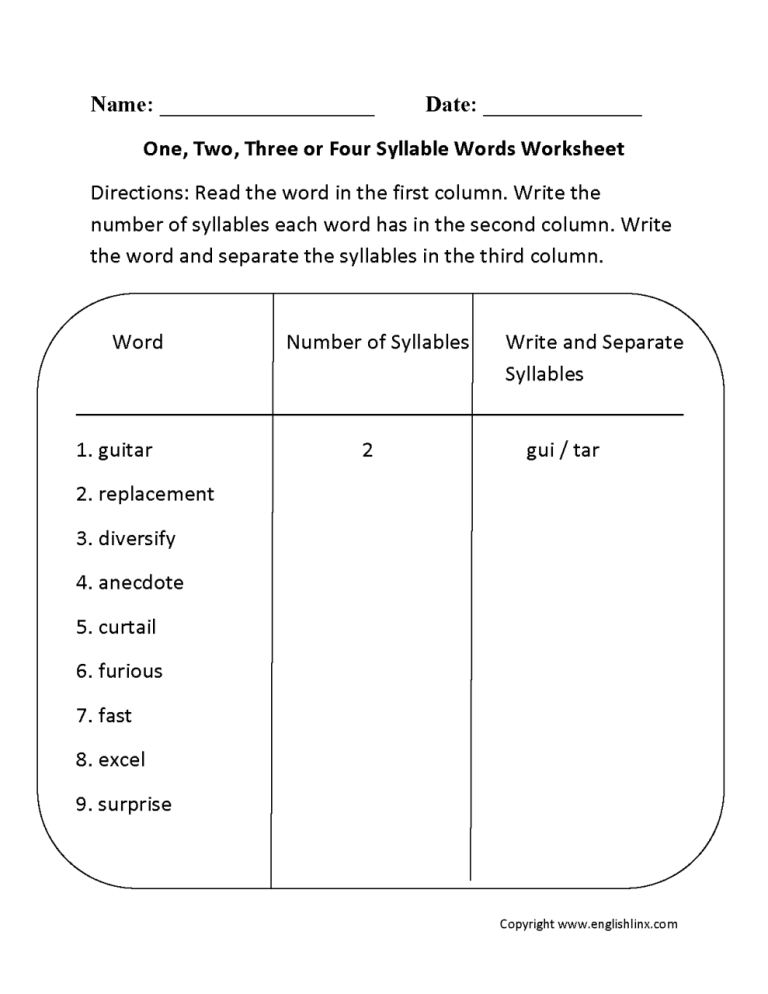 4th Grade Syllabication Worksheets