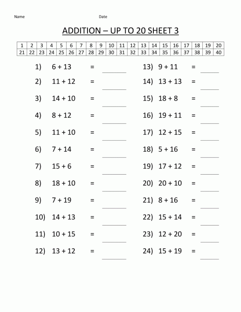 2nd Grade Addition Facts To 20 Worksheets