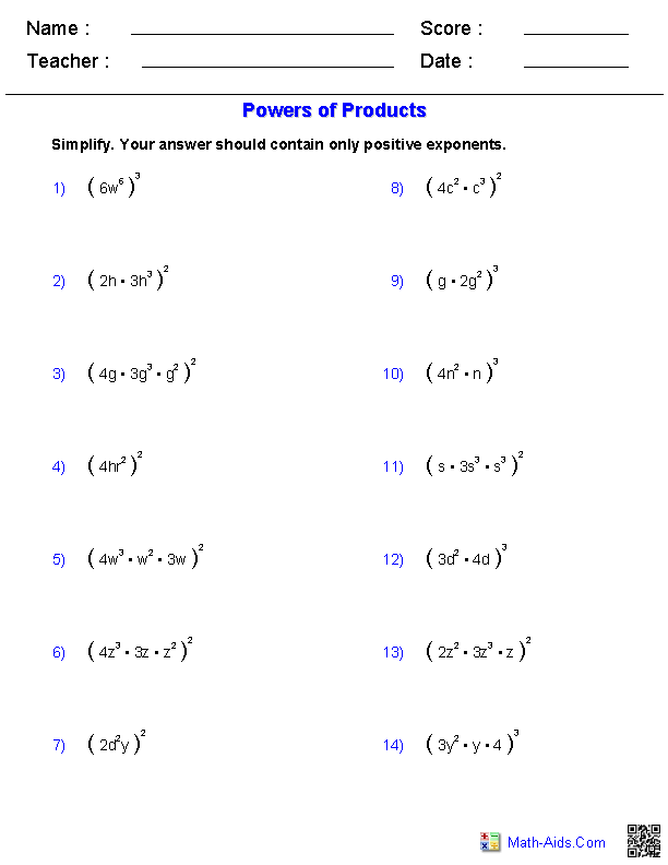 Simplifying Expressions With Negative Exponents Worksheet 1 Answer Key