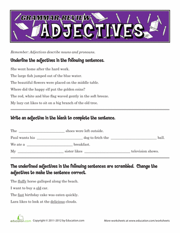 Fifth Grade Kinds Of Adjectives Worksheets For Grade 5