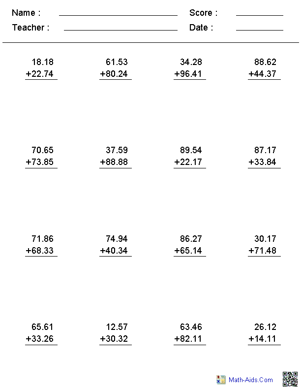 Math Aids Addition And Subtraction Decimals