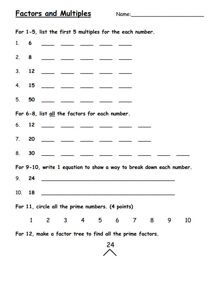 Factors And Multiples Worksheet With Answers Pdf