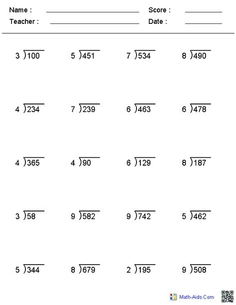4th Grade Division Sums For Class 4 With Answer