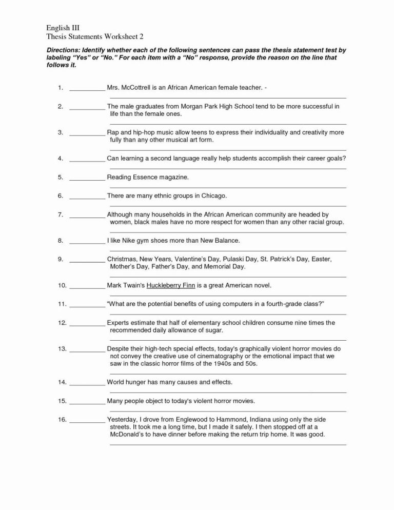 Thesis Statement Exercises Worksheets With Answers