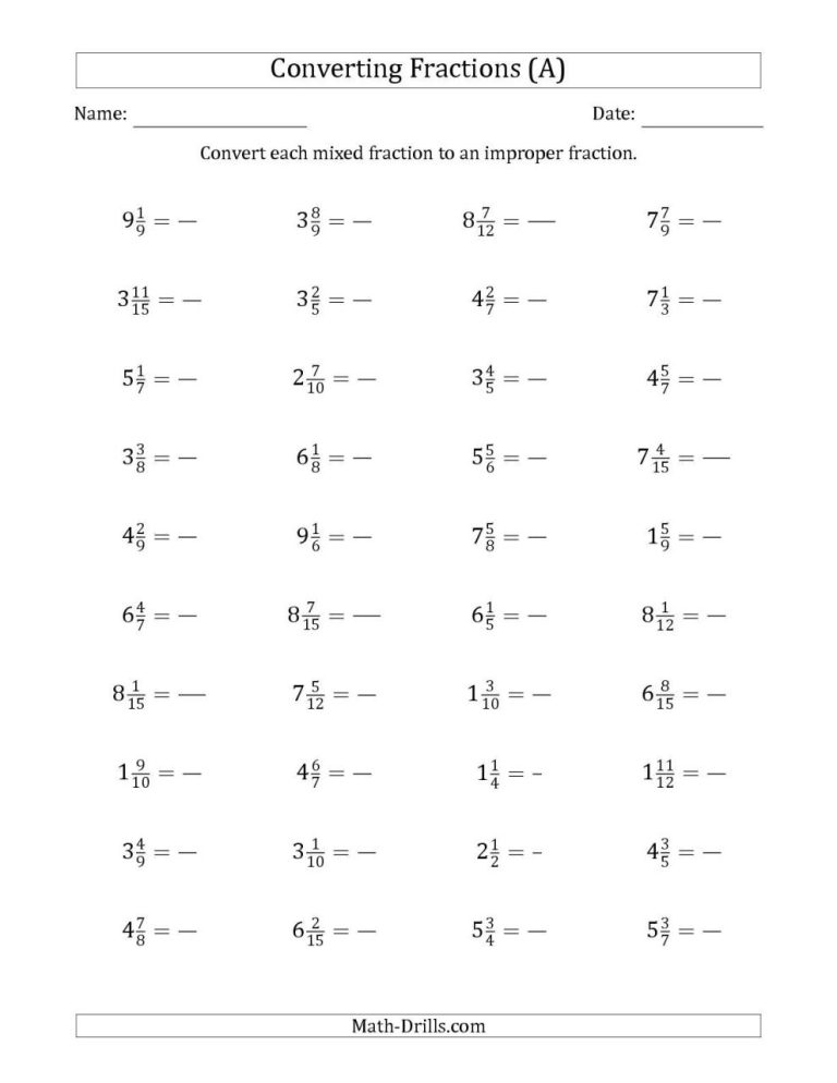 Subtracting Mixed Numbers From Whole Numbers Worksheets
