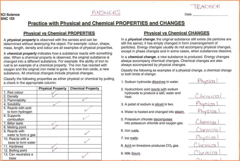 Properties Of Matter Worksheet Chemistry