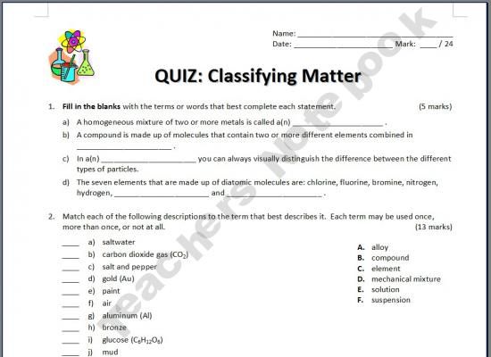 Classifying Matter Worksheet Answers Lesson 1