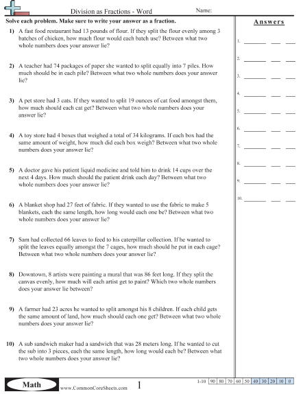 Math Worksheets For Grade 5 Fractions Word Problems