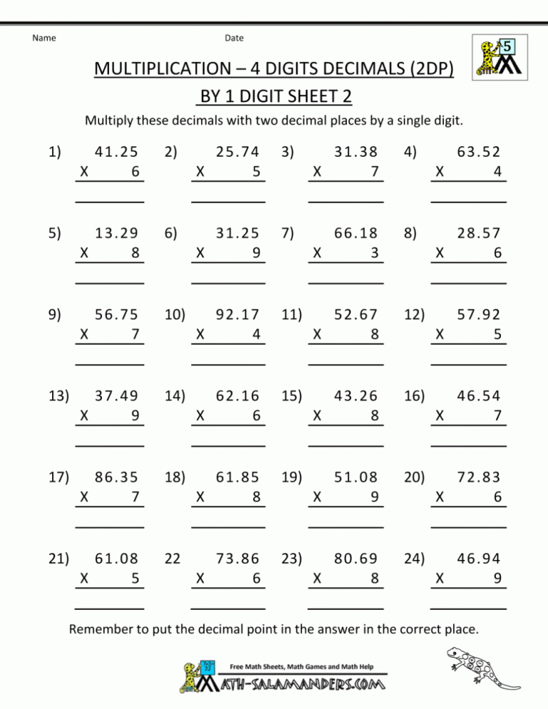 Printable 2 Digit By 1 Digit Multiplication Worksheets