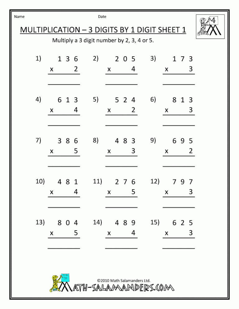 Multiplication Printable Math Worksheets Grade 3