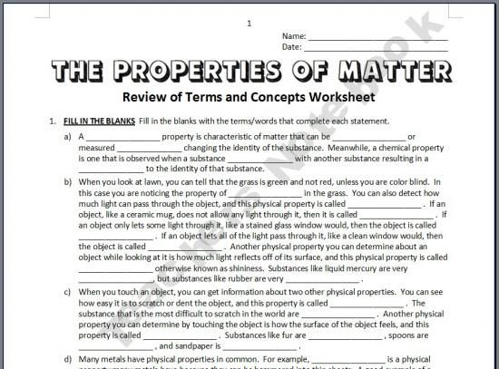 Properties Of Matter Worksheet Answer Key