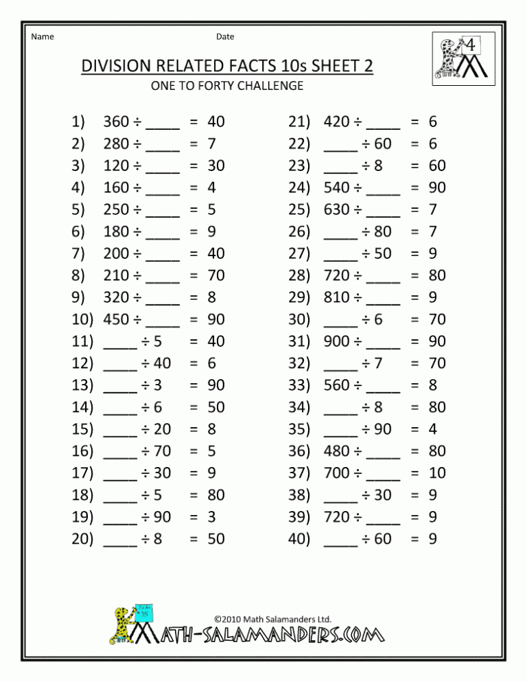 Printable Math Worksheets For 4th Graders