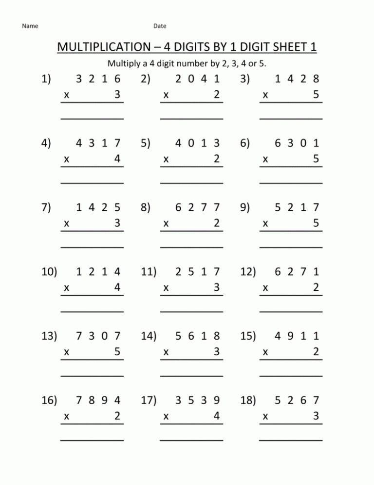 Printable Multiplication Math Worksheets Grade 4