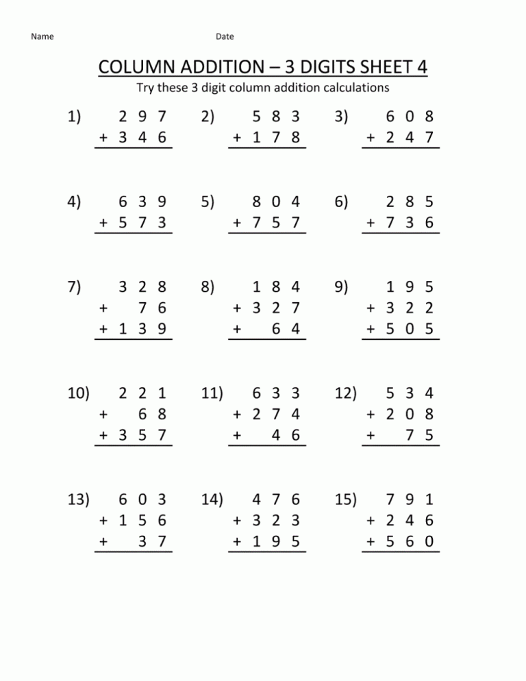 Free Printable Addition Math Worksheets Grade 3