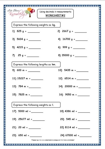 Grade 4 4th Grade Measurement Conversion Worksheets