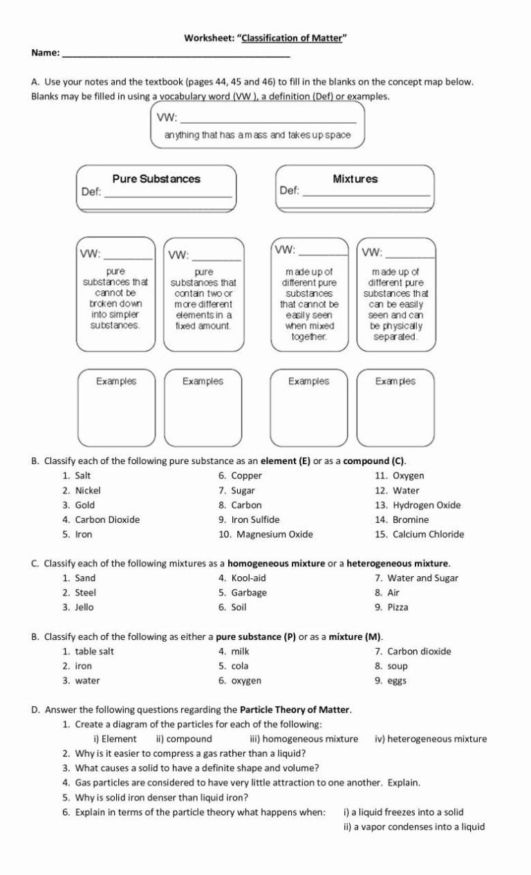 Classification Of Matter Worksheet Answer Key