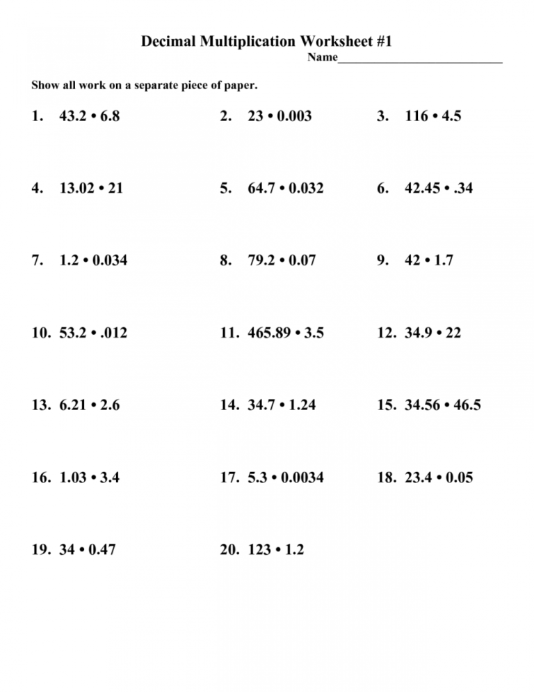 6th Grade Decimal Multiplication Worksheets