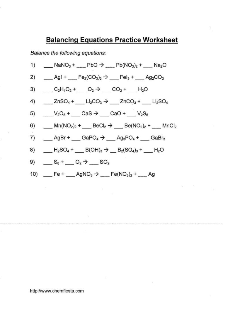 Chemistry Balancing Chemical Equations Worksheet Answer Key Class 10