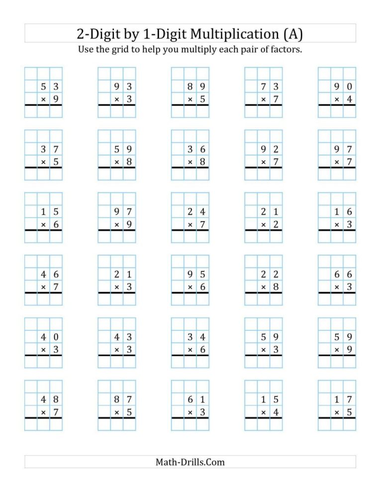 2 Digit By 1 Digit Multiplication Worksheets With Grids