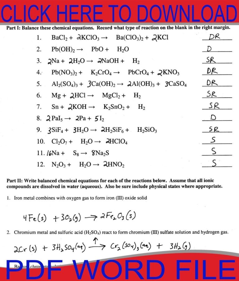 Balancing Chemical Word Equations Worksheet With Answers