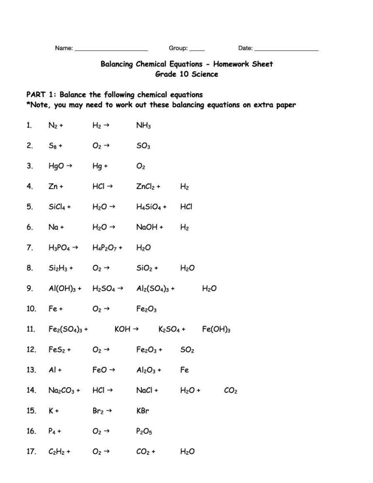 Practice Worksheet Balancing Chemical Equations Worksheet Grade 10 Answer Key