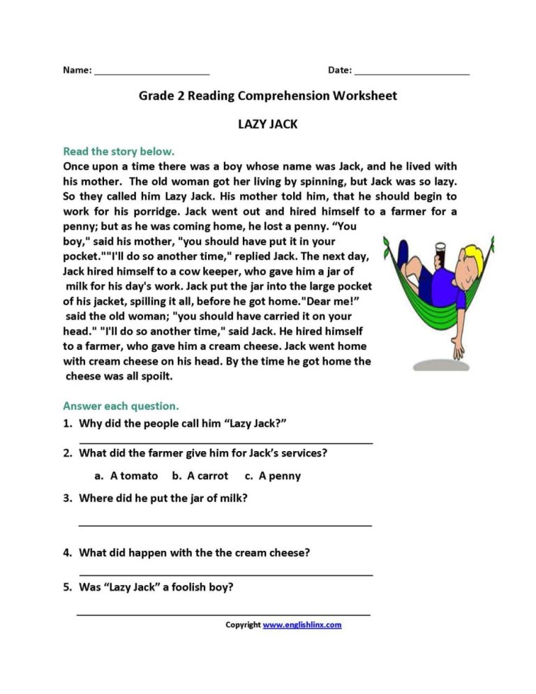 Pdf Second Grade Grade 2 Reading Comprehension Worksheets