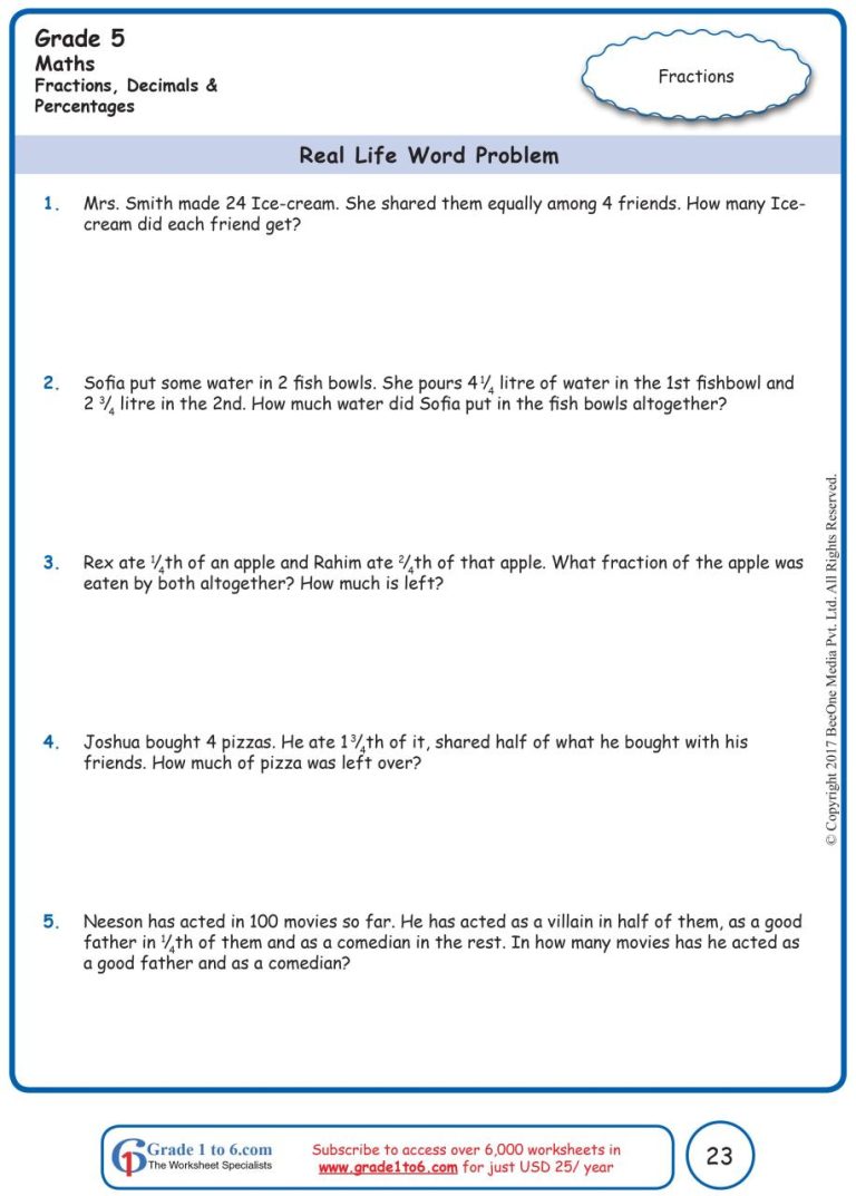 Fractions Worksheets Grade 5 Word Problems With Answers