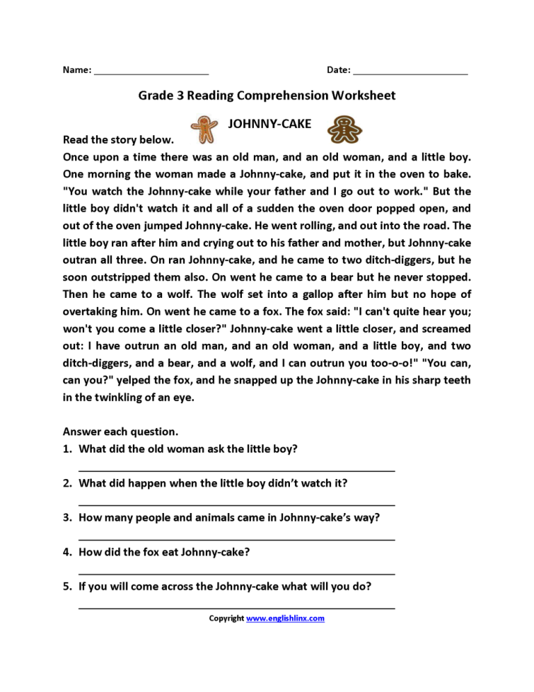 Printable English Comprehension Worksheets For Grade 3