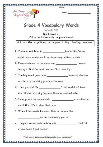 English Vocabulary Worksheets For Grade 4 Pdf