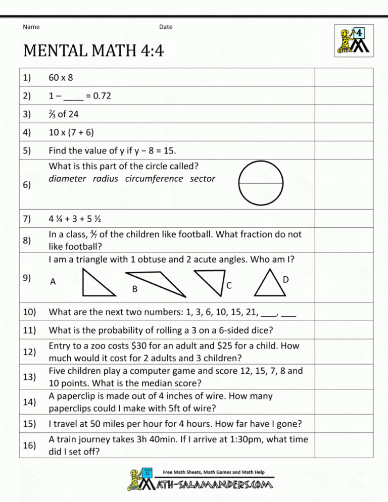 Mental Addition And Subtraction Worksheets For Grade 4