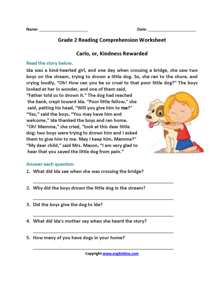 Free English Comprehension Worksheets For Grade 5
