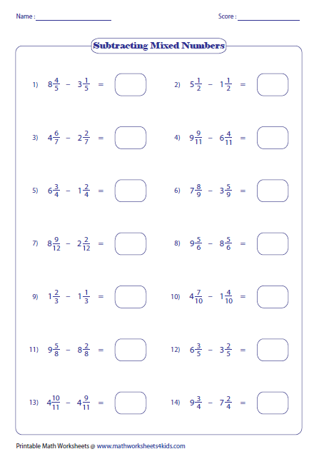 Subtracting Mixed Fractions Worksheets Pdf