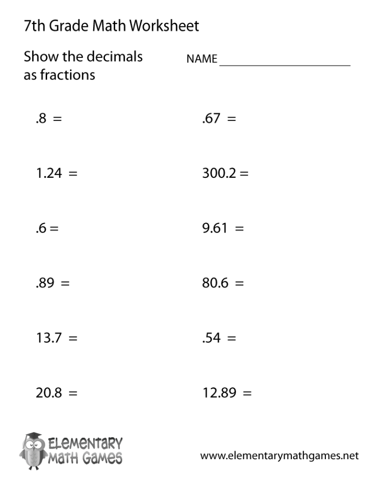 Class 7 7th Grade Fractions Worksheets Grade 7